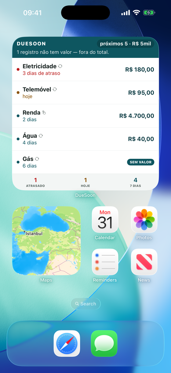 Widget na tela de início